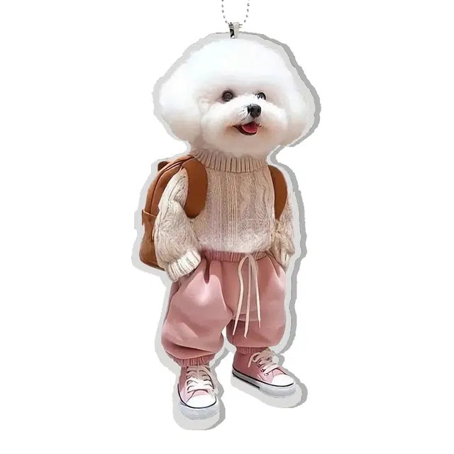 零界 创意粉色裤子小比熊狗 小书包可爱小狗装饰 亚克力 挂件 男女同款情侣款