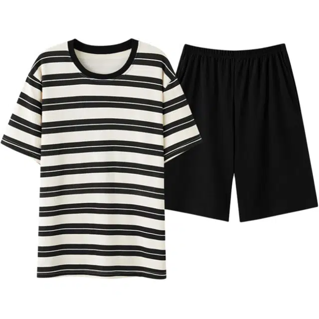 浮光岛屿 时尚条纹宽松休闲翻领短袖上衣松紧腰短裤睡衣套装 男款 礼盒装 黑白