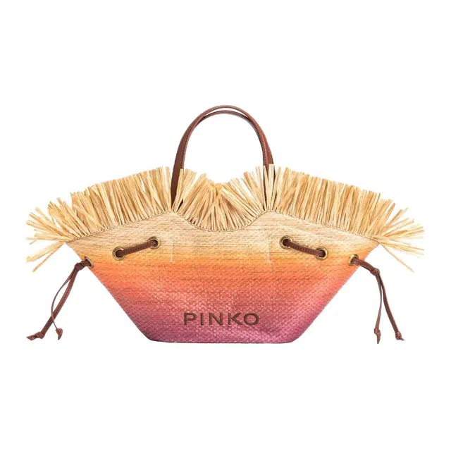 PINKO Pagoda Logo Woven Tote Small Beige