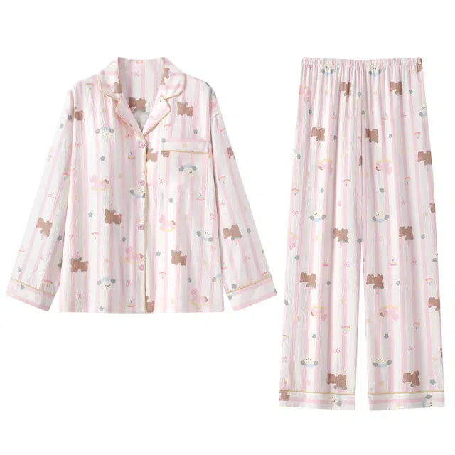 宫蝶 甜美柔软长袖家居服可外穿休闲满印睡衣套装 女款 粉色