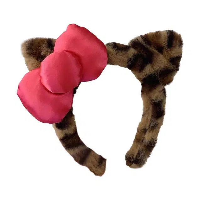 丹琴 豹纹毛绒洗脸耳朵压发可爱蝴蝶结 布艺 发箍 女款