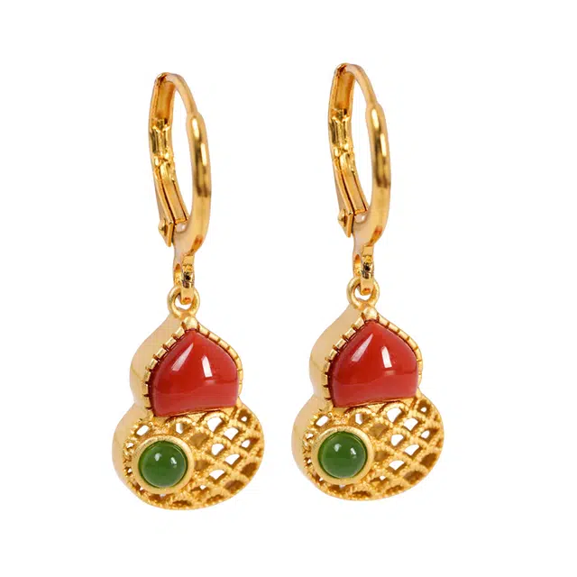 小银匠 镂空葫芦 新中式民族风复古气质国潮 玛瑙 玉石耳环 女款