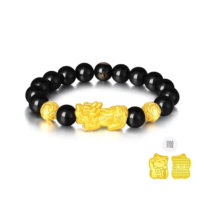 中国黄金 央创时尚 瑞兽貔貅手链 小众设计感  新中式  黑曜石 玉石手串 男女同款情侣款 男友 礼盒