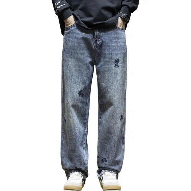 希越 美式复古水洗潮牌刺绣宽松直筒秋冬牛仔裤 男款