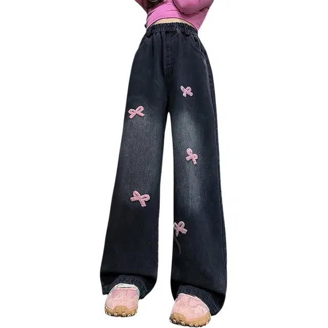 帕兰朵牛仔裤 女童春秋时尚潮流百搭阔腿显瘦蝴蝶结毛巾秀长裤中大童宽松休闲直筒裤儿童洋气裤 青少年