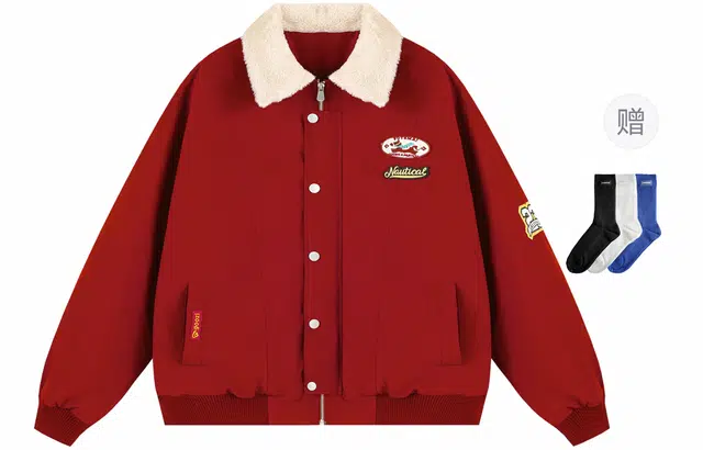 港仔文艺男 美式复古羊羔绒撞色翻领拼接结构多巴胺色系字母小标加厚保暖插肩休闲百搭宽松潮流棉服 男女同款