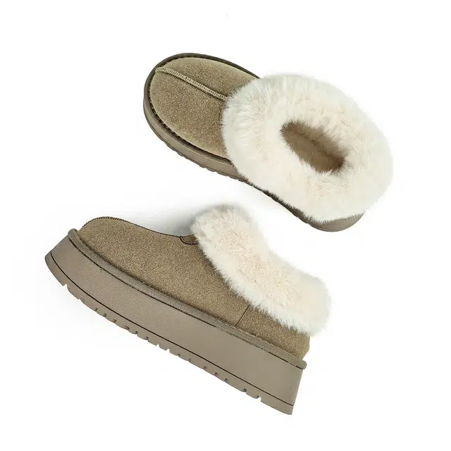 拉夏贝尔 减震增高 牛皮绒 加绒舒适 短筒 雪地靴 女款 米色