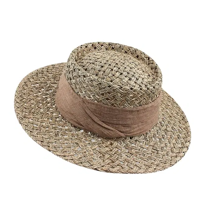 艾佳微 老钱风镂空平顶织镂空草帽夏法式海边沙滩防晒帽遮阳帽子 草编 渔夫帽 男女同款情侣款