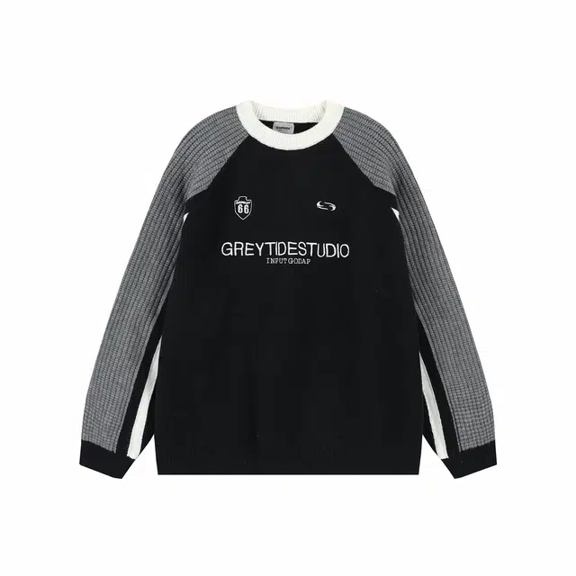 港仔文艺男 撞色拼接字母徽章小标条纹加厚保暖美式复古圆领套头插肩上衣休闲百搭宽松长袖针织衫外套 男女同款