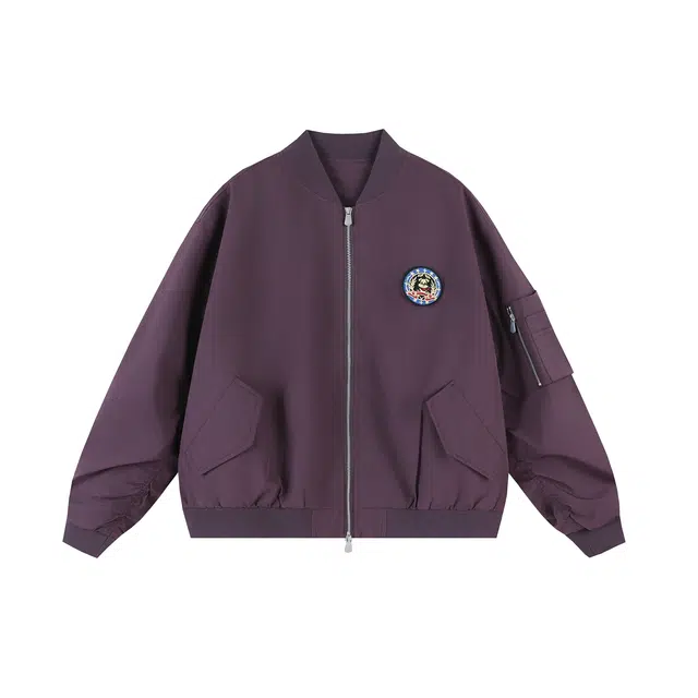 港仔文艺男 美式工装飞行员可拆卸徽章侧面拉链口袋落肩棒球服上衣百搭潮牌休闲宽松夹克外套 男女同款