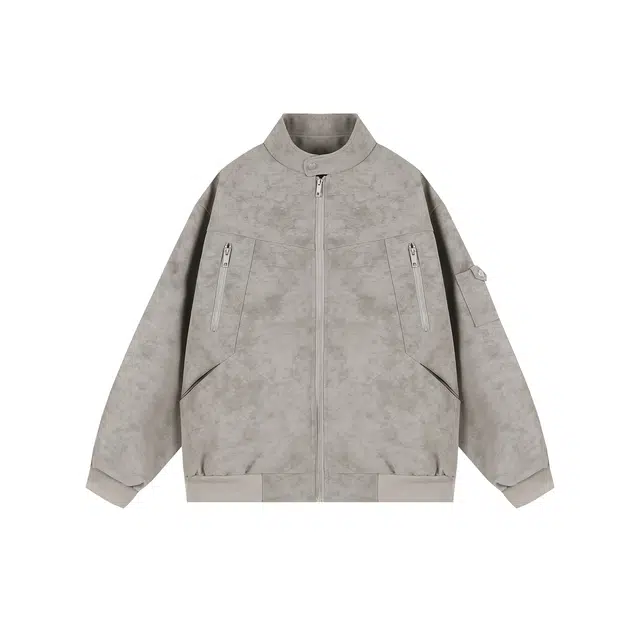 港仔文艺男 美式高街立领小立扣工装飞行员时尚潮流舒适百搭上衣休闲宽松简约长袖夹克外套 男女同款