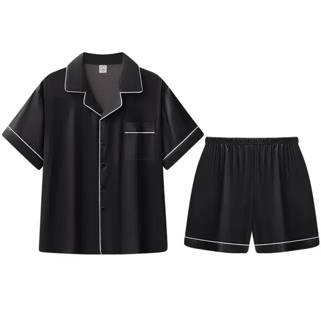 兰缪 简约凉感休闲可外穿短袖翻领上衣松紧腰短裤睡衣套装 男款 高级黑