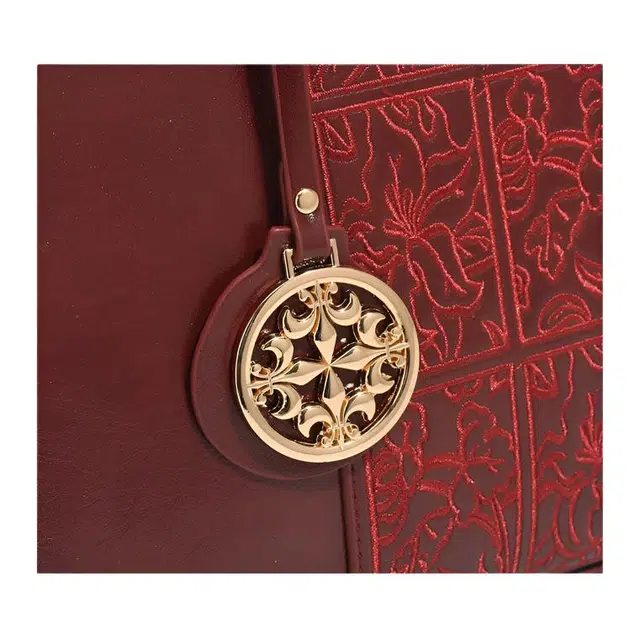 恒源祥 经典简约印花清新软压花百搭时尚单肩斜挎包潮流典雅优雅脱俗清新纹丝巾包托特包 超纤合成革 手提包 女款 酒红色