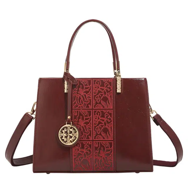 恒源祥 经典简约印花清新软压花百搭时尚单肩斜挎包潮流典雅优雅脱俗清新纹丝巾包托特包 超纤合成革 手提包 女款 酒红色