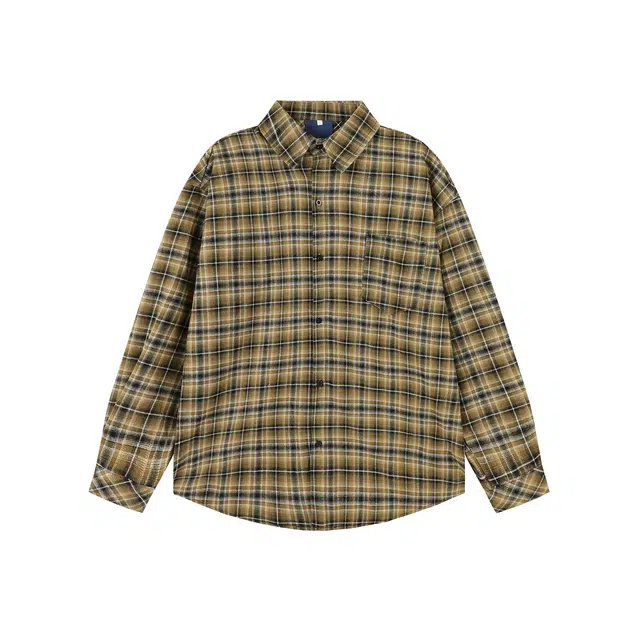 港仔文艺男 美式复古学院风高街撞色格子口袋基础款翻领落肩上衣休闲百搭宽松简约潮流长袖衬衫 男女同款