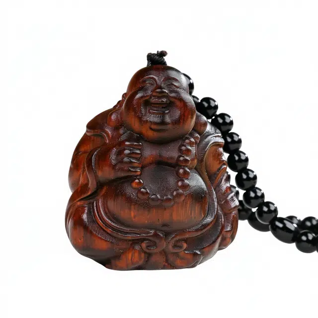 仙友 国潮新中式手工精雕弥勒佛平安喜乐盘玩随身把玩汽车通勤时尚百搭文玩固化稳定木#好运 檀木 把件 男女同款情侣款