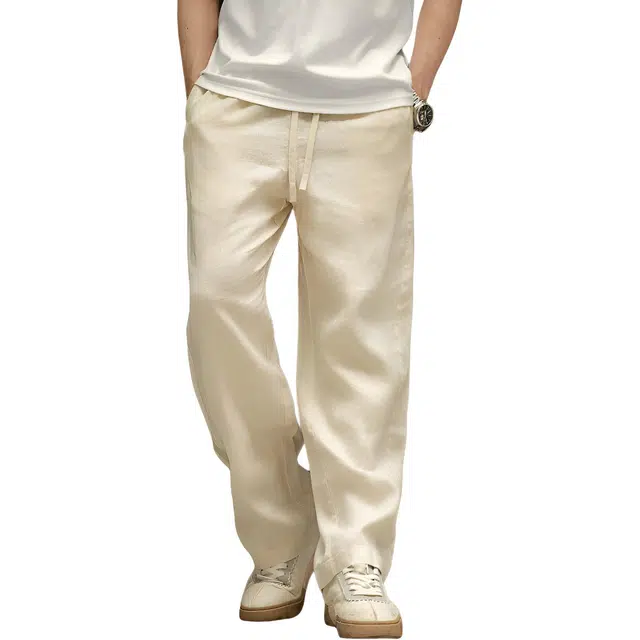 唔刃 意式雨露亚麻本源色呼吸裤宽松凉爽老钱风松弛感男士夏休闲裤 男款