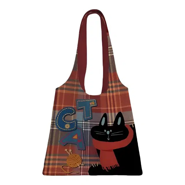 奥松 牛仔酷猫大容量深色百搭帆布上班通勤肩袋 绒面科技布 单肩包 男女同款情侣款 棕色/黑色