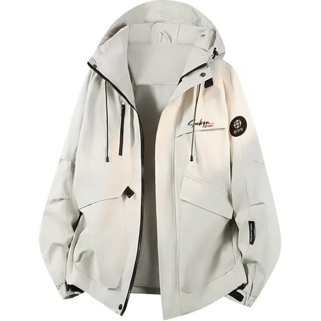 苏北青年 美式山系户外冲锋衣登山宽松基础休闲百搭高街纯色飞行防风防水耐磨舒适长袖连帽工装大口袋夹克 男女同款