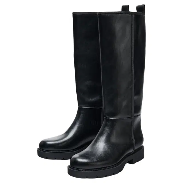 ZARA PU Slip-On High Boots 3cm Black