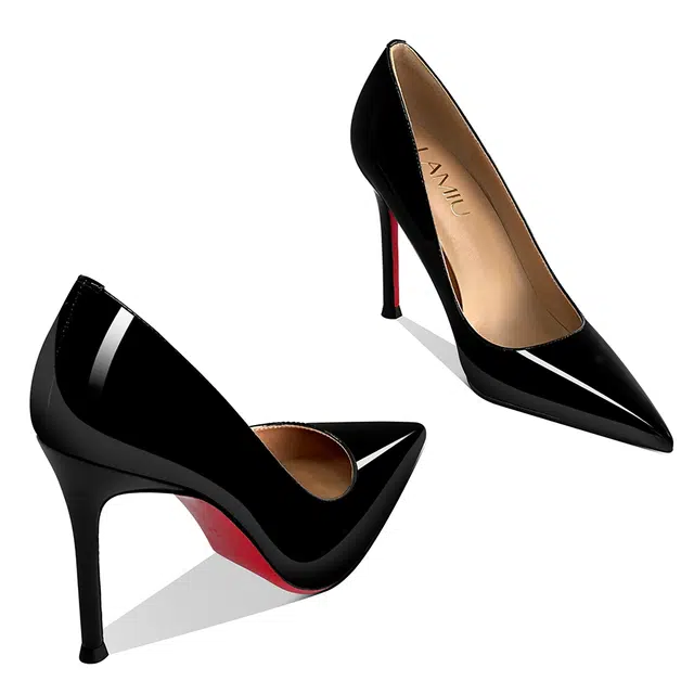 兰缪 亮面皮 气质红底尖头性感百搭气质 细跟 高跟鞋 女 黑色