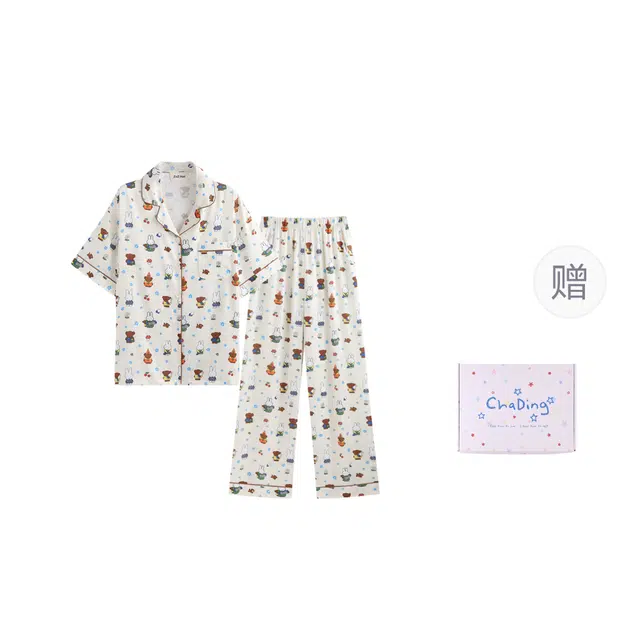 侘町 花花米菲卡通丝滑柔软透气亲肤卡通睡衣礼盒 女款