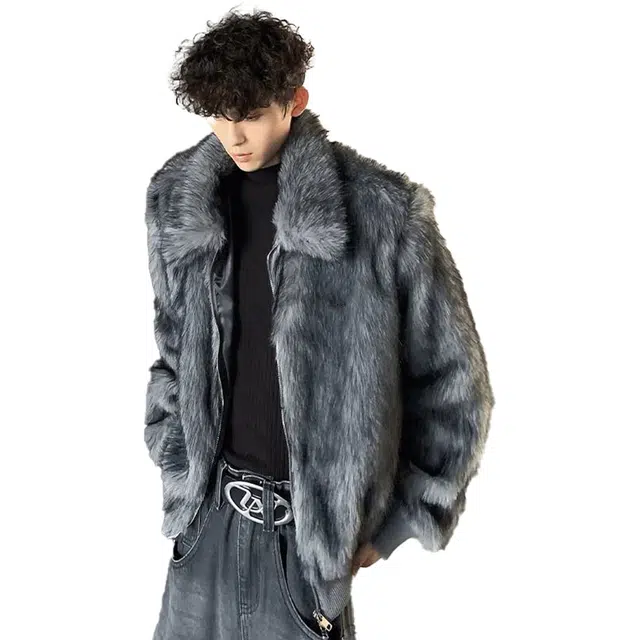 艾梵斯贝 美式复古潮流翻领皮草小众设计款无性别高级感高端轻奢日常通勤百搭宽松休闲时尚保暖御寒情侣款短款夹克 男女同款