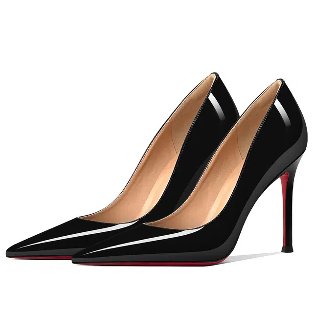 兰缪 亮面皮 气质红底尖头性感百搭气质 细跟 高跟鞋 女 黑色