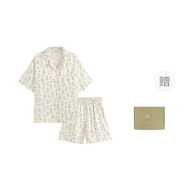 侘町 小鸡米菲兔卡通满印冰丝柔软透气亲肤休闲短袖三分裤睡衣礼盒 女款