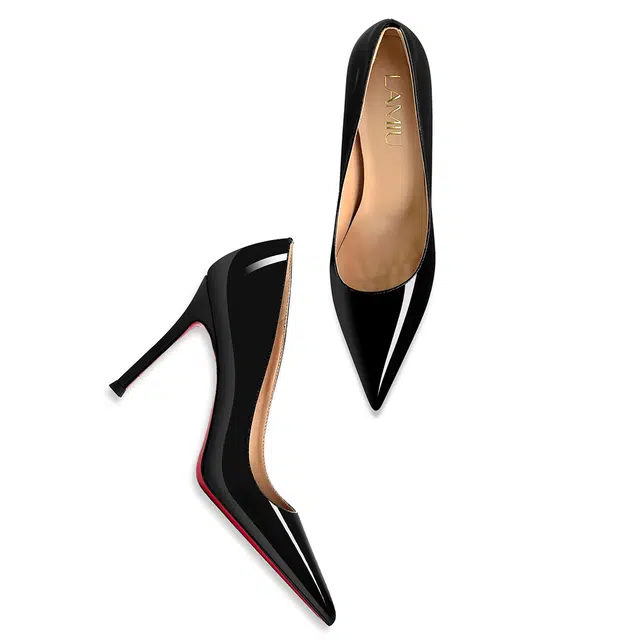 兰缪 亮面皮 气质红底尖头性感百搭气质 细跟 高跟鞋 女 黑色