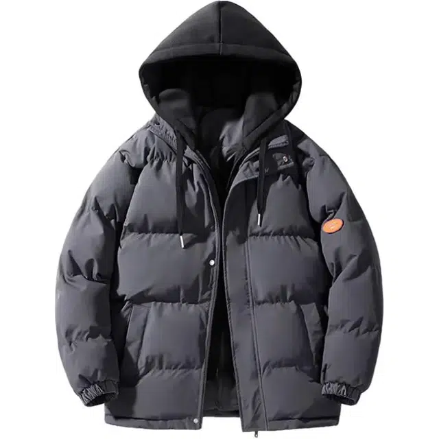 基础款纯色假两件加绒加厚保暖休闲短款连帽棉衣外套棉服 男款