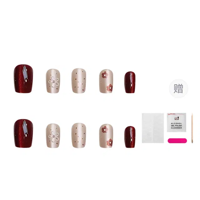 嘉比兔 贴片波点五瓣花可拆卸  穿戴甲 短梯纯色渐变 新中式