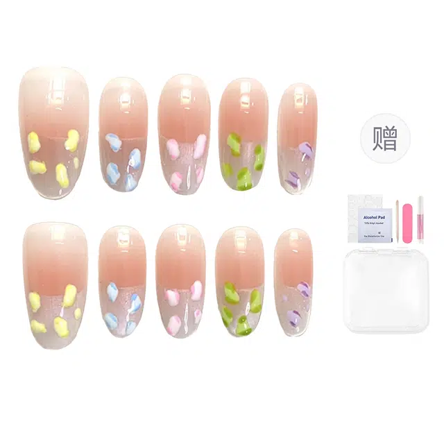 韵月乔 彩色豹纹猫眼法式手工  穿戴甲 椭圆彩虹渐变 纯欲