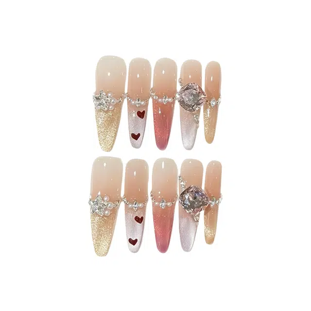 爱鼎琪 甜心草莓 爆闪多色混搭元素猫眼灵动手绘爱心手工美甲甜酷风  穿戴甲 长款粉色渐变 纯欲