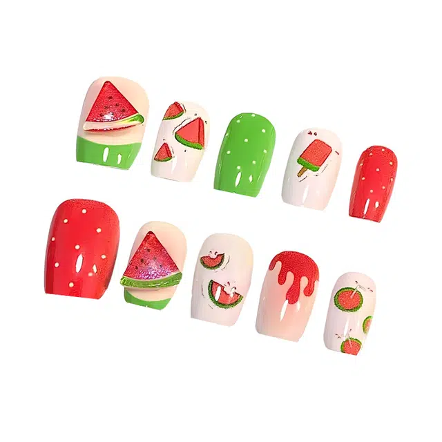 计轩 水果西瓜高颜值时尚多巴胺气质显白手工  穿戴甲 短梯红色晕染 可爱