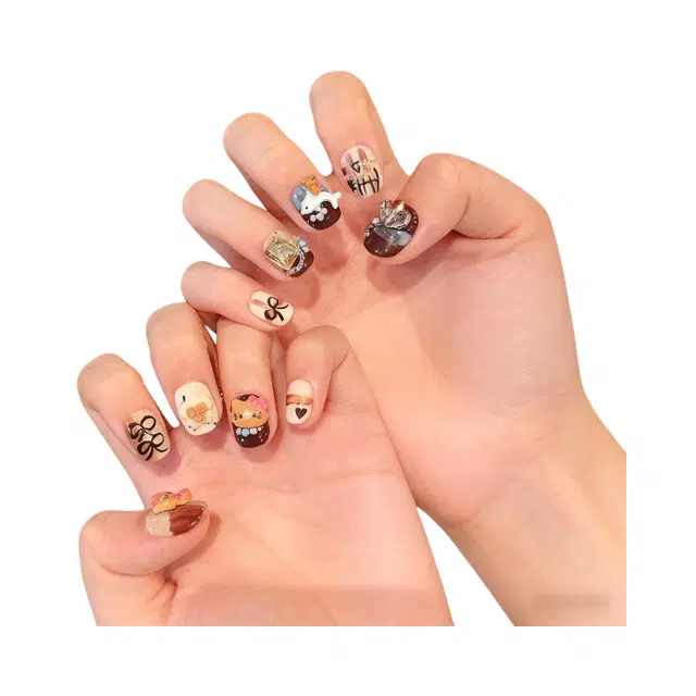 芮锦 秋冬美拉德风卡通棕  穿戴甲 短款彩色渐变 蝴蝶结