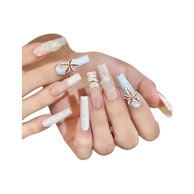 奥兰诺 显白指甲片穿戴甲气质海星贝壳简约手工美甲贴穿戴甲甲片成品  长款浅色跳色 法式