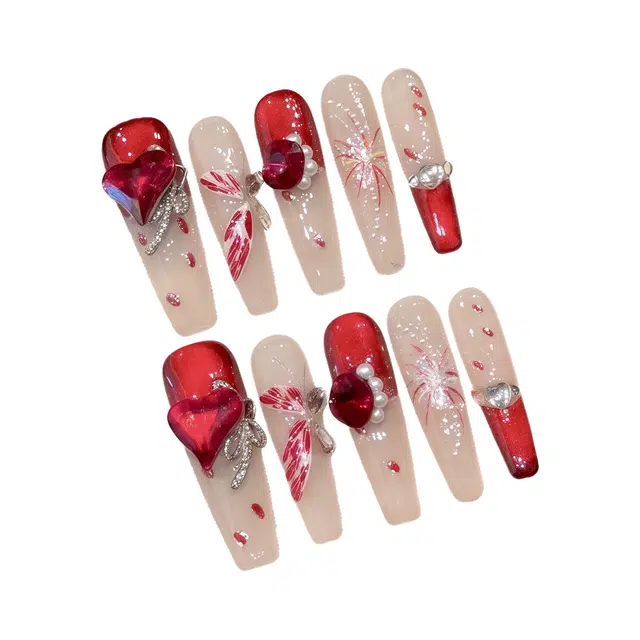 凡泽 花火蝴蝶法式安可拉红  穿戴甲 尖型酒红渐变 纯欲