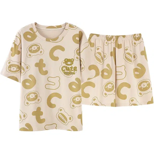 浮光岛屿 短袖短裤睡衣可爱卡通宽松圆领休闲纯棉可外穿家居服睡衣套装 女款 礼盒装 米黄色