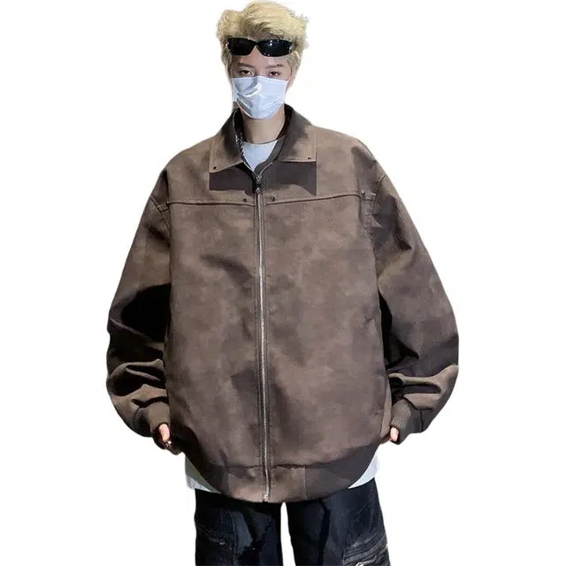 木林森 美式复古高街潮牌麂皮绒翻领外套男美拉德高级感休闲简约情侣夹克皮衣 男女同款