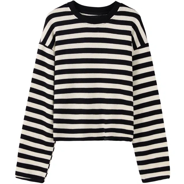 她池 圆领套头撞色慵懒风落肩长袖卫衣 女款 黑米条纹