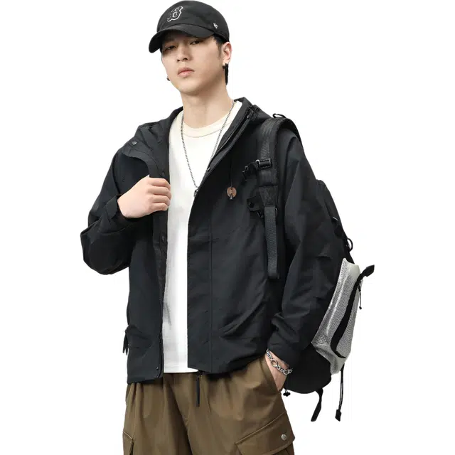 希越 春季外套男款春秋季美式高街工装上衣潮流百搭宽松连帽夹克 男款