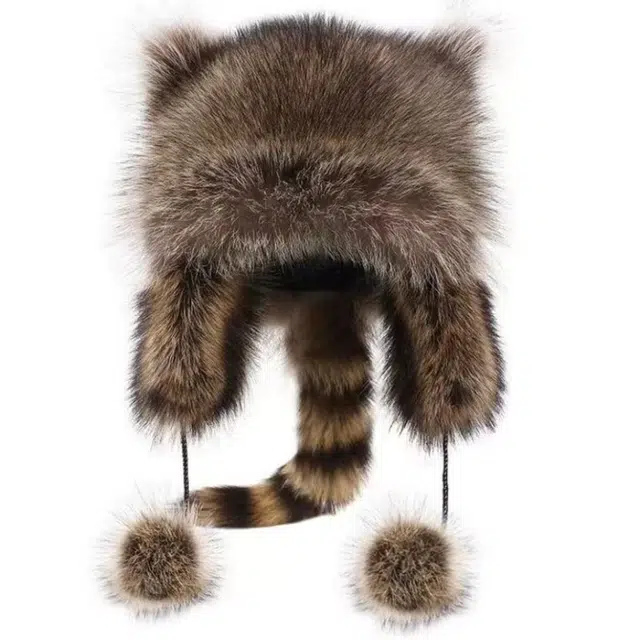 佩洛依 亲子小浣熊尾巴可爱护耳帽 加厚保暖护耳仿狐狸毛猫耳骑行防冻冷帽 聚酯纤维 雷锋帽 儿童款