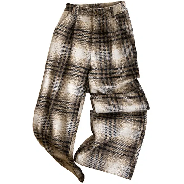 丝柏舍 撞色格纹高腰长款阔腿垂感宽松款气质复古休闲裤 女款
