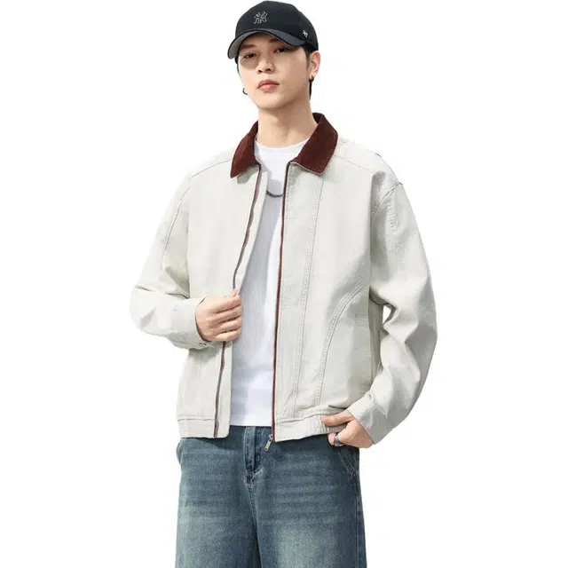 希越 美式复古翻领工装外套男士春秋款潮牌纯棉简约上衣宽松休闲夹克 男款