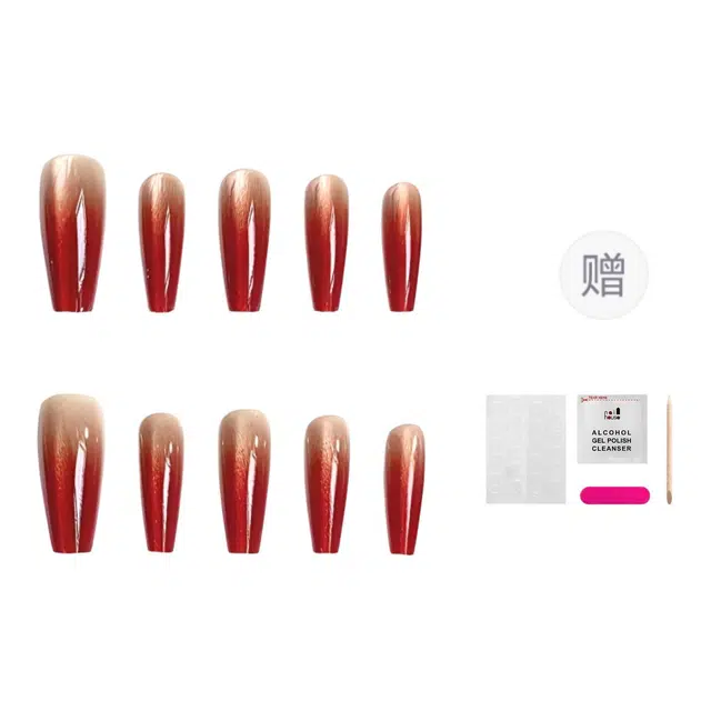 嘉比兔 贴片酒红指尖渐变  穿戴甲 中梯纯色晕染