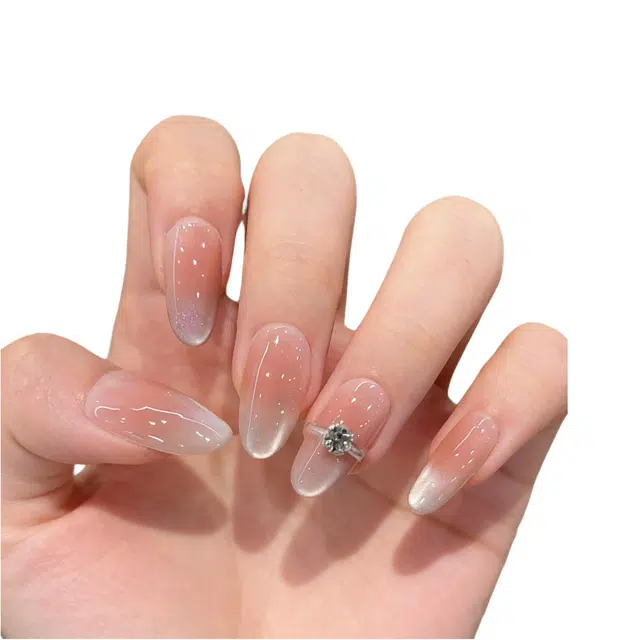 柚予颜 手工穿戴甲法式高级感气质冰透玻璃珠猫眼美甲  椭圆裸色渐变 纯欲