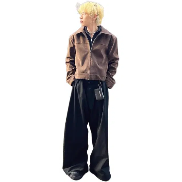 拓菲 春秋季绒皮翻领美拉德休闲痞帅工装复古正肩巴恩风外套男高级感短款夹克 男女同款