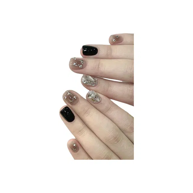 爱鼎琪 爆闪钻四芒星手工美甲晕染日常学生成品可拆卸假指甲贴片  穿戴甲 短款黑色跳色