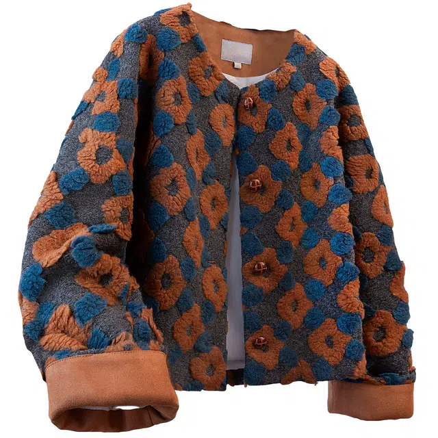 丝柏舍 撞色格子复古绵羊毛短款圆领单排扣宽松款落肩长袖绒感外套 女款